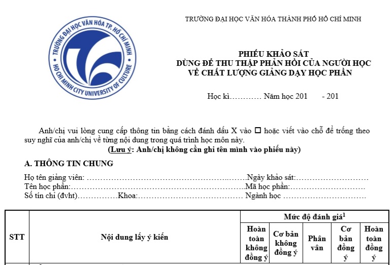 Phiếu khảo sát dùng để thu thập phản hồi của người học về chất lượng giảng dạy học phần