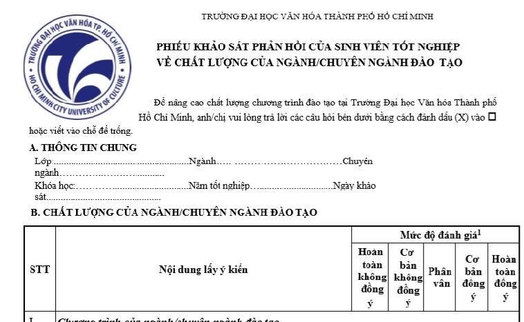 Phiếu khảo sát phản hồi của sinh viên tốt nghiệp về chất lượng của Ngành/ Chuyên ngành đào tạo