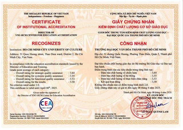 Giấy chứng nhận Kiểm định chất lượng CSGD của Trường Đại học Văn hóa TPHCM